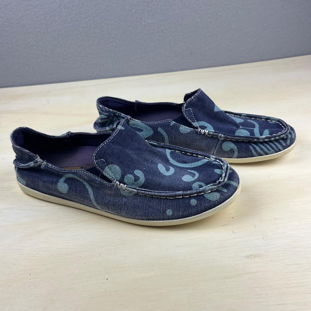 Olukai Nohea Canvas Print Blue Tropical Slip On Loafers Womens 7.5 20220-9VAA